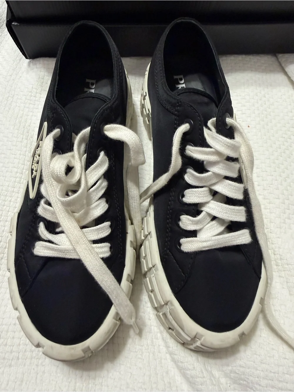 Prada Black Nylon Low-Top Sneakers with White Platform Sole